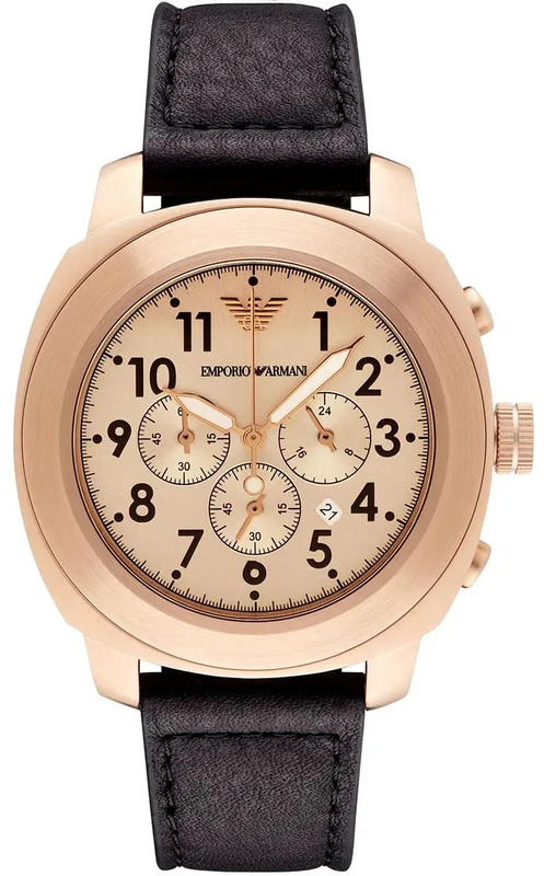 Emporio Armani Ruggero Chronograph Rose Gold Dial Black Leather Strap Watch for Men - AR6087