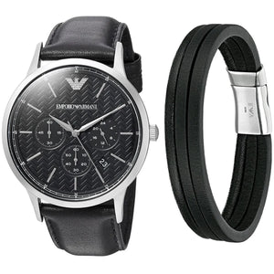 Emporio Armani Renato Chronograph Black Dial Black Leather Strap Watch for Men - AR8034