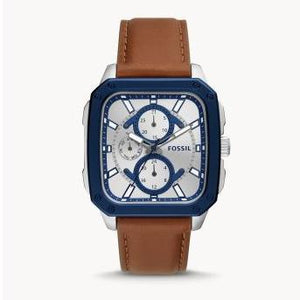 Fossil Inscription Multifunction Silver Dial Brown Leather Strap Watch for Men - BQ2658