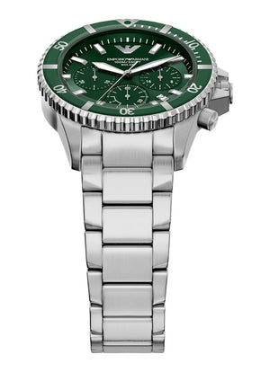 Emporio Armani World Explorer Solar Chronograph Green Dial Silver Steel Strap Watch for Men - AR11741