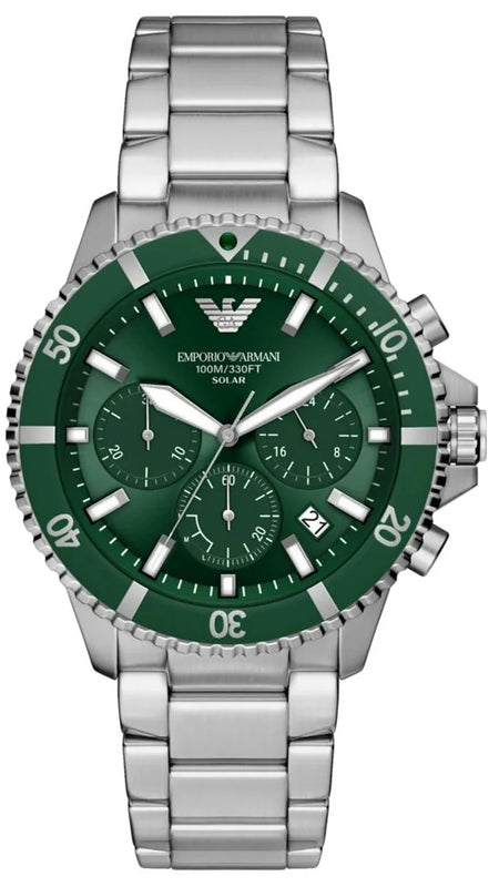 Emporio Armani World Explorer Solar Chronograph Green Dial Silver Steel Strap Watch for Men - AR11741