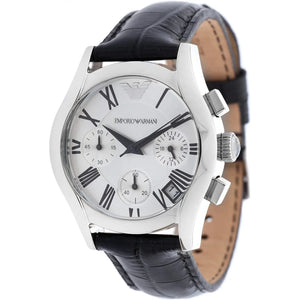Emporio Armani Velente Silver Dial Black Leather Strap Watch for Women - AR0670