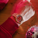Citizen Tsuyosa Automatic Red Dial Gold Steel Strap Watch For Men - NJ0153-82X