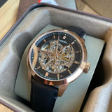 Fossil Townsman Automatic Skeleton Black Dial Black Leather Strap Watch for Men - ME3084
