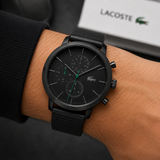 Lacoste Replay Chronograph Black Dial Black Leather Strap Watch for Men - 2011177
