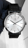 Calvin Klein Surround Silver Dial Black Leather Strap Watch for Men - K3W211C6