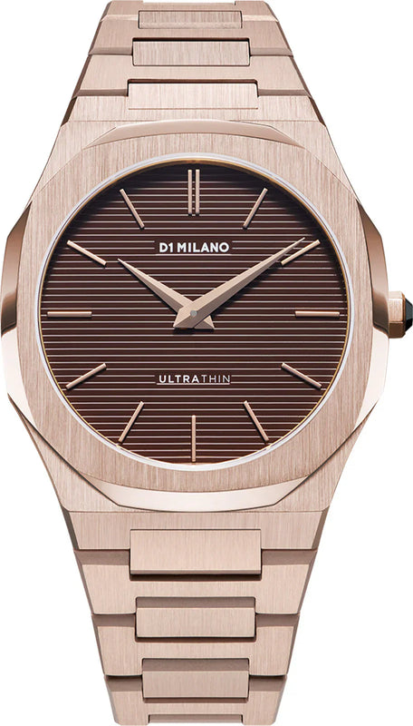 D1 Milano Ultra Thin Brown Dial Gold Steel Strap Watch for Men - D1-UTBJ13