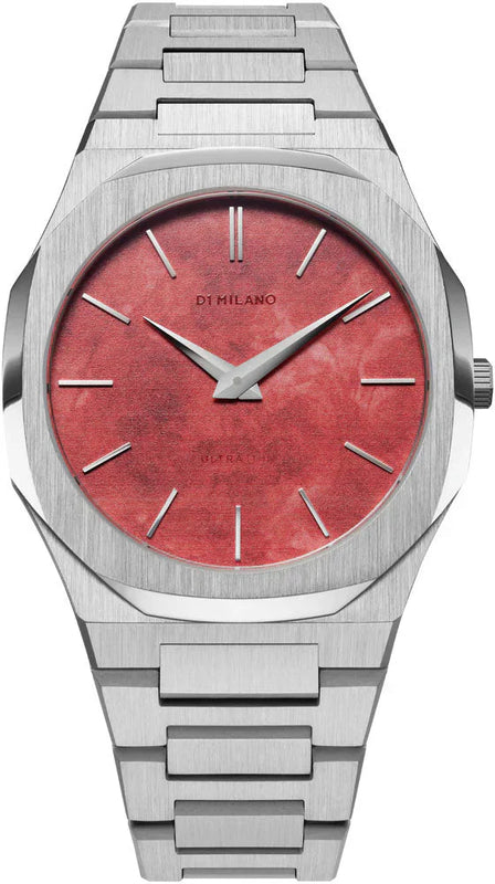 D1 Milano Ultra Thin Red Dial Silver Steel Strap Watch for Men - D1-UTBJ20