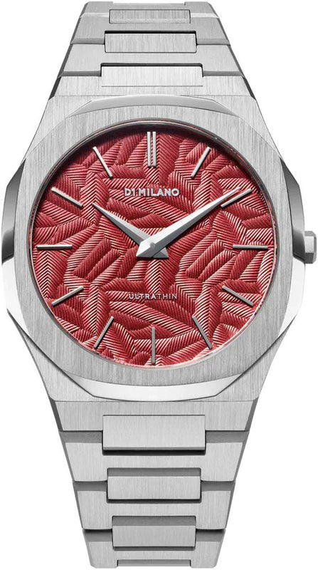 D1 Milano Ultra Thin Barn Red Dial Silver Steel Strap Watch for Men - D1-UTBJ33