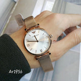 Emporio Armani Gianni T Bar Silver Dial Rose Gold Mesh Bracelet Watch For Women - AR1956