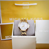 Michael Kors Runway Three-Hand White Dial Gold Steel Strap Watch for Women - MK7472