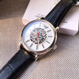 Emporio Armani Meccanico Silver Skeleton Dial Black Leather Strap Watch For Men - AR2072