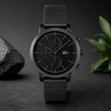 Lacoste Replay Chronograph Black Dial Black Leather Strap Watch for Men - 2011177