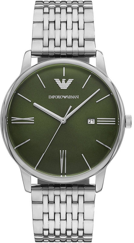Emporio Armani Minimalist Green Dial Silver Steel Strap Watch for Men - AR11644