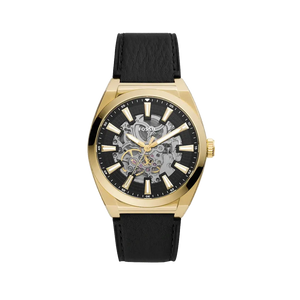 Fossil Everett Automatic Skeleton Black Dial Black Leather Strap Watch for Men - ME3208