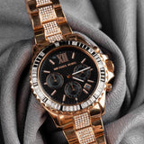 Michael Kors Everest Chronograph Black Dial Rose Gold Steel Strap Watch For Women - MK5875