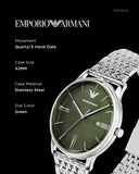 Emporio Armani Minimalist Green Dial Silver Steel Strap Watch for Men - AR11644