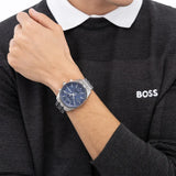 Hugo Boss Skytraveller Chronograph Blue Dial Silver Steel Strap Watch for Men - 1514216