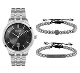 Hugo Boss Officer Black Dial Silver Steel Strap Watch for Men - 1513614