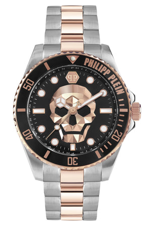 Philipp Plein The $kull Diver Black Dial Silver With Rose Gold Stainless Steel Strap Watch For Men- PWOAA0822