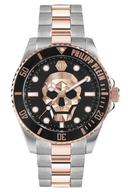 Philipp Plein The $kull Diver Black Dial Silver With Rose Gold Stainless Steel Strap Watch For Men- PWOAA0822