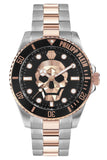 Philipp Plein The $kull Diver Black Dial Silver With Rose Gold Stainless Steel Strap Watch For Men- PWOAA0822