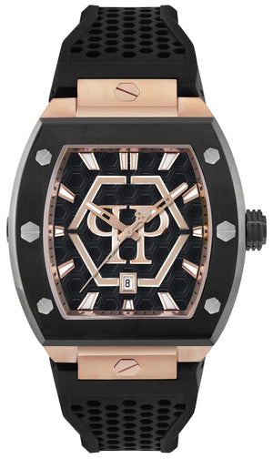Philipp Plein Hexagon Phantom Black Dial Black Silicone Strap Watch For Men- PWPUA0124
