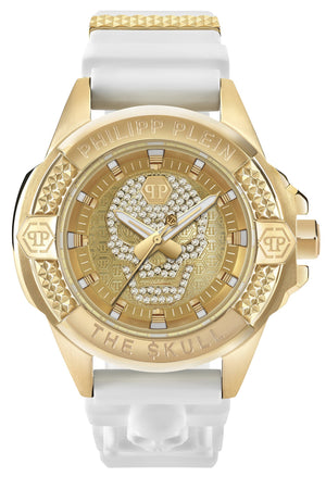 Philipp Plein The Skull Gold Dial White Silicone Strap Watch for Men - PWAAA1221