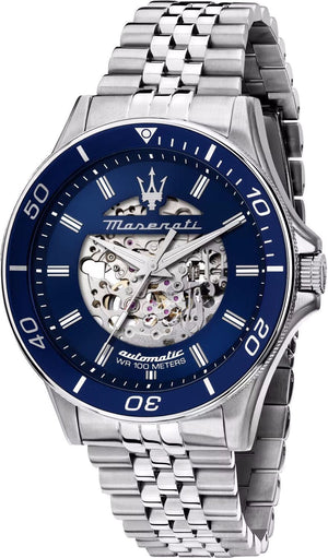 Maserati SFIDA Skeleton Automatic Blue Dial Silver Steel Strap Watch for Men - R8823140011