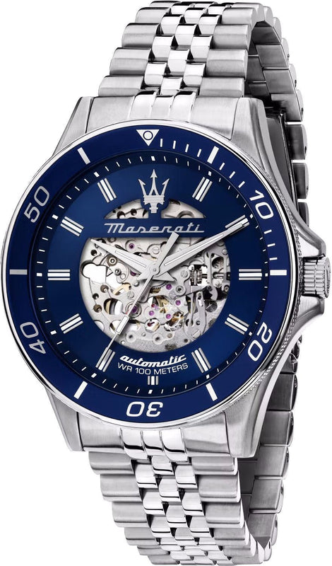 Maserati SFIDA Skeleton Automatic Blue Dial Silver Steel Strap Watch for Men - R8823140011