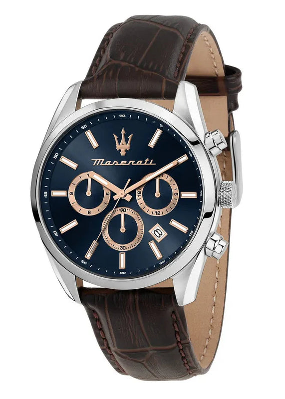 Maserati Attraction Limited Edition Chronograph Blue Dial Brown Leather Strap Watch for Men - R8851151003