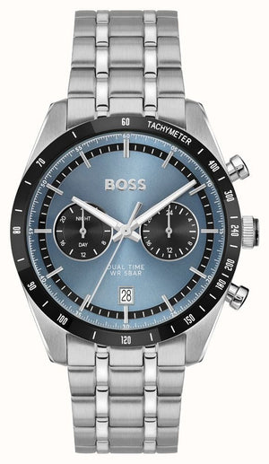 Hugo Boss Tourmaster Chronograph Blue Dial Silver Steel Strap Watch for Men - 1514286