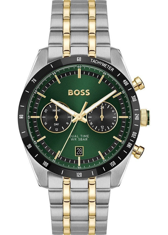 Hugo Boss Tourmaster Chronograph Green Dial Two Tone Steel Strap Watch for Men - 1514287