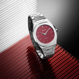 D1 Milano Ultra Thin Bordeaux Red Dial Silver Steel Strap Watch for Unisex - D1-UTBJ11