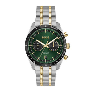 Hugo Boss Tourmaster Chronograph Green Dial Two Tone Steel Strap Watch for Men - 1514287
