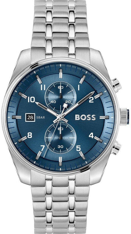 Hugo Boss Skytraveller Chronograph Blue Dial Silver Steel Strap Watch for Men - 1514216