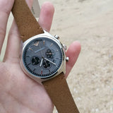 Emporio Armani Zeta Chronograph Gray Dial Brown Leather Strap Watch for Men - AR11080