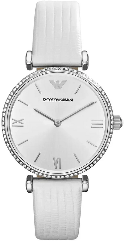Emporio Armani Gianni T-Bar Silver Dial White Leather Strap Watch for Women - AR1680