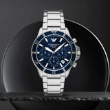 Emporio Armani World Explorer Chronograph Blue Dial Silver Steel Strap Watch for Men - AR11681