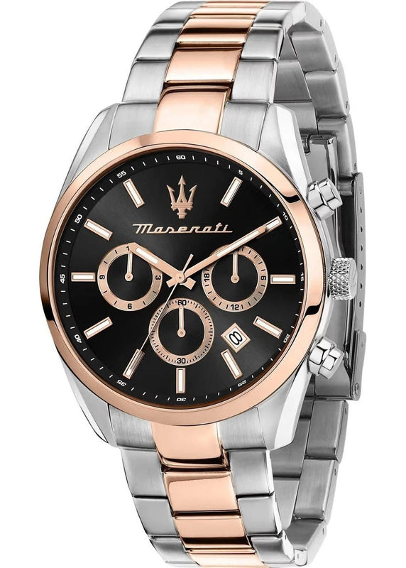Maserati Attrazione Chronograph Black Dial Two Tone Steel Strap Watch for Men - R8853151002