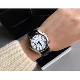 Emporio Armani Velente Silver Dial Black Leather Strap Watch for Women - AR0670