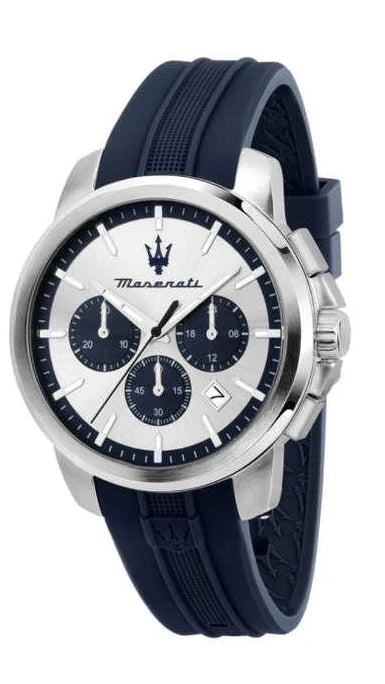 Maserati Successo Chronograph Silver Dial Blue Silicone Strap Watch for Men - R8871621042