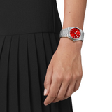 Tissot PRX Quartz Red Dial Silver Steel Strap Watch for Women - T137.210.11.421.00