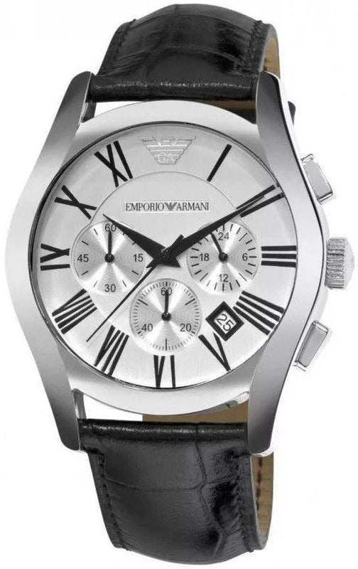 Emporio Armani Velente Silver Dial Black Leather Strap Watch for Women - AR0670