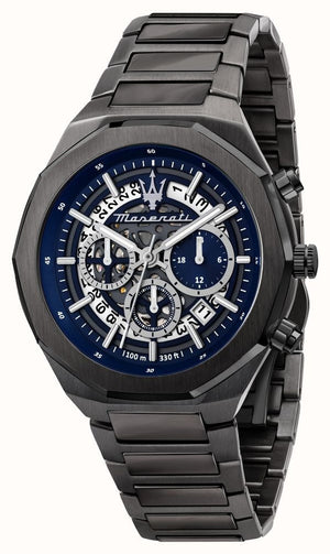 Maserati Stile Skeleton Chronograph Blue Dial Grey Steel Strap Watch for Men - R8873642012