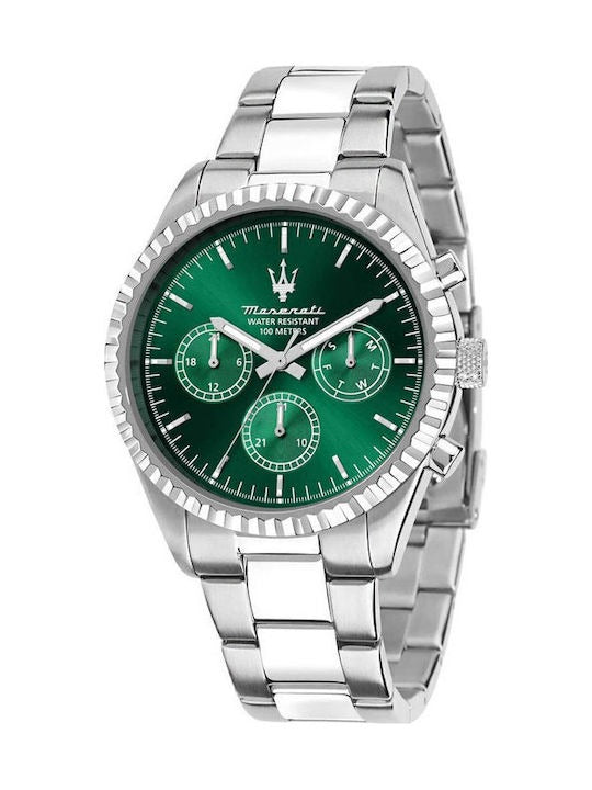 Maserati Competizione Chronograph Green Dial Silver Steel Strap Watch for Men - R8853100044