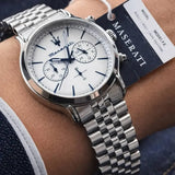 Maserati Epoca Chronograph White Dial Silver Steel Strap Watch for Men - R8873618034