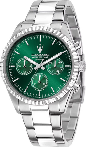 Maserati Competizione Chronograph Green Dial Silver Steel Strap Watch for Men - R8853100044