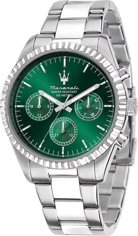 Maserati Competizione Chronograph Green Dial Silver Steel Strap Watch for Men - R8853100044
