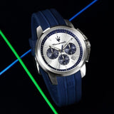 Maserati Successo Chronograph Silver Dial Blue Silicone Strap Watch for Men - R8871621042